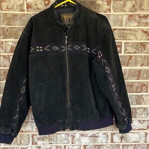 Vintage Adler Men's Black/Blue Suede Cowboy Jacket with Aztec Patterned Accents